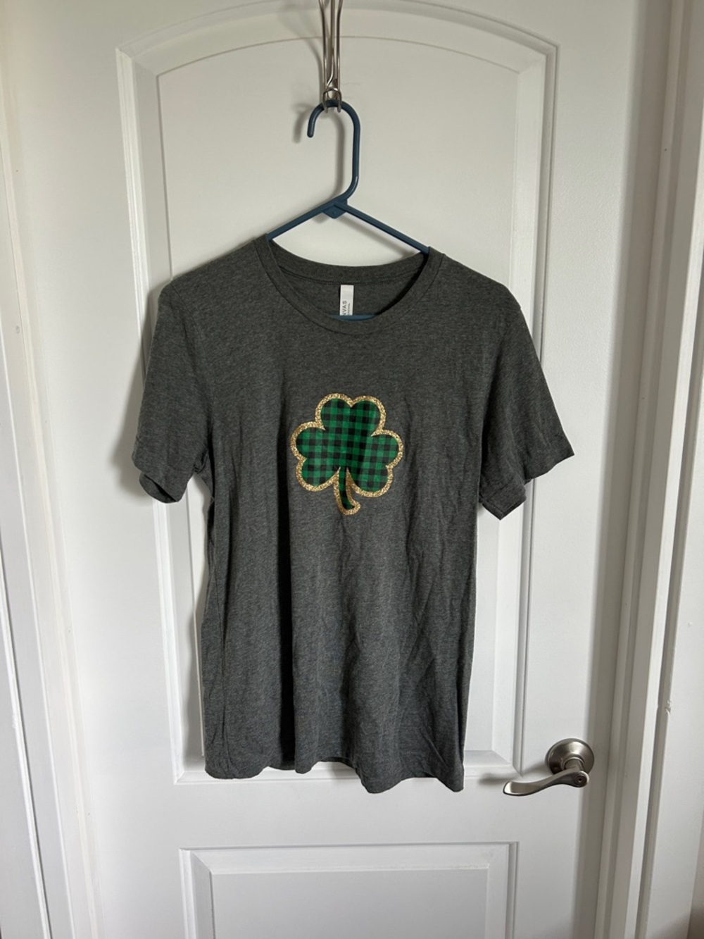 Bella Canvas Gray Tee with Green Plaid Shamrock